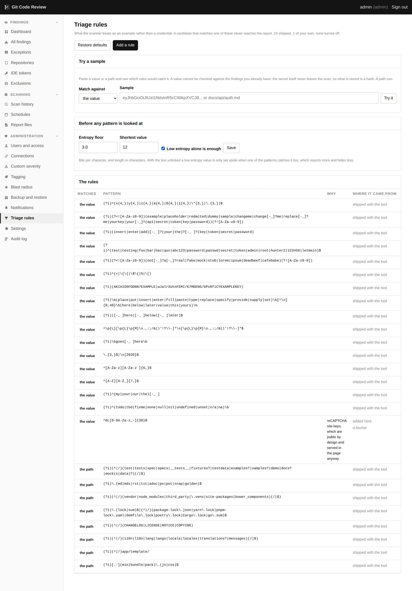 Triage rules: what counts as an example. Twenty rules ship, and every one can be switched off. An administrator can add rules by value or by path, and the box at the bottom shows what a candidate would match before anything is saved.
