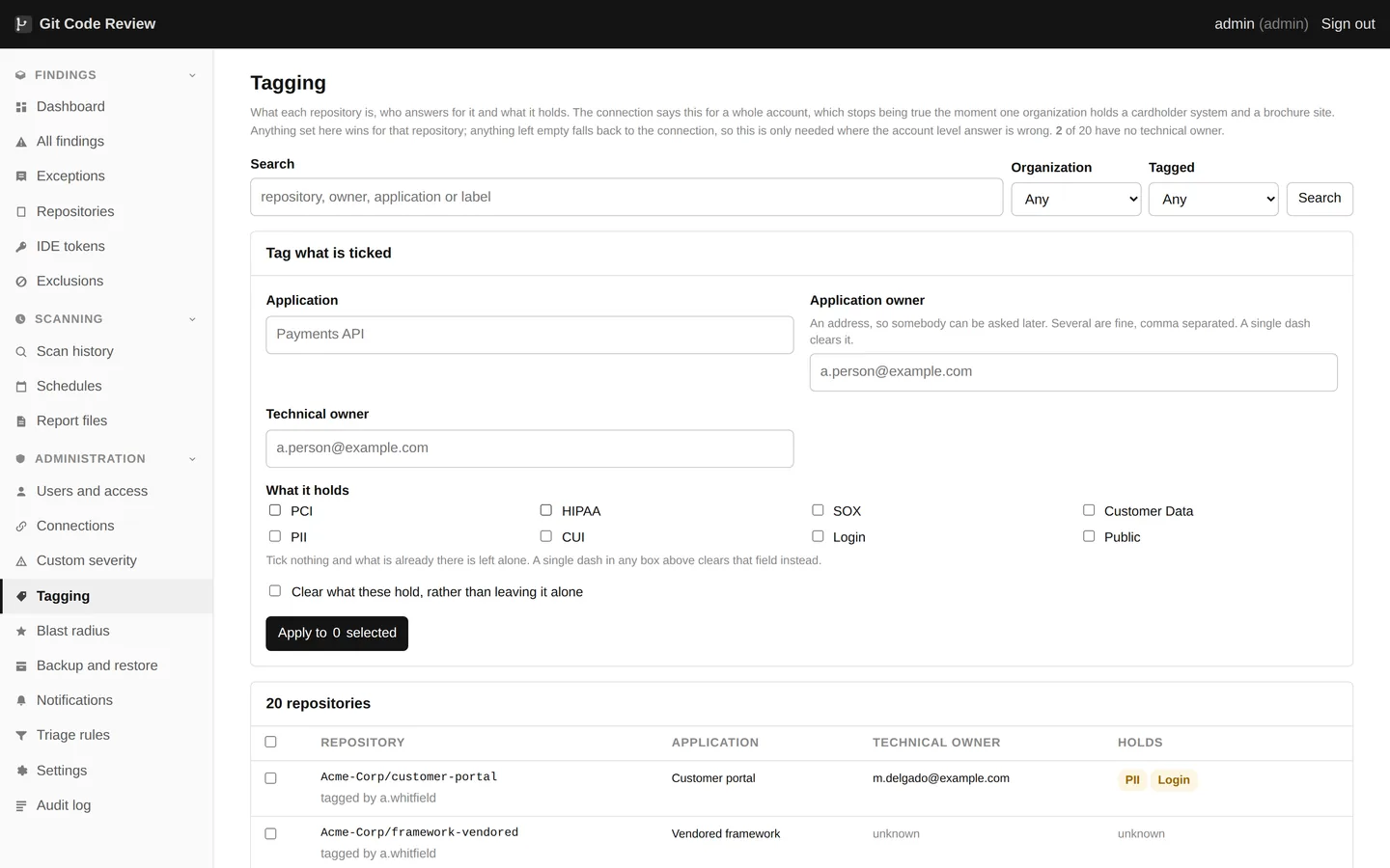What each repository is and what it holds. The application it belongs to, both owners, the environment and what data it carries. The whole table exports to a spreadsheet and comes back, because most organizations already keep these answers somewhere else.
