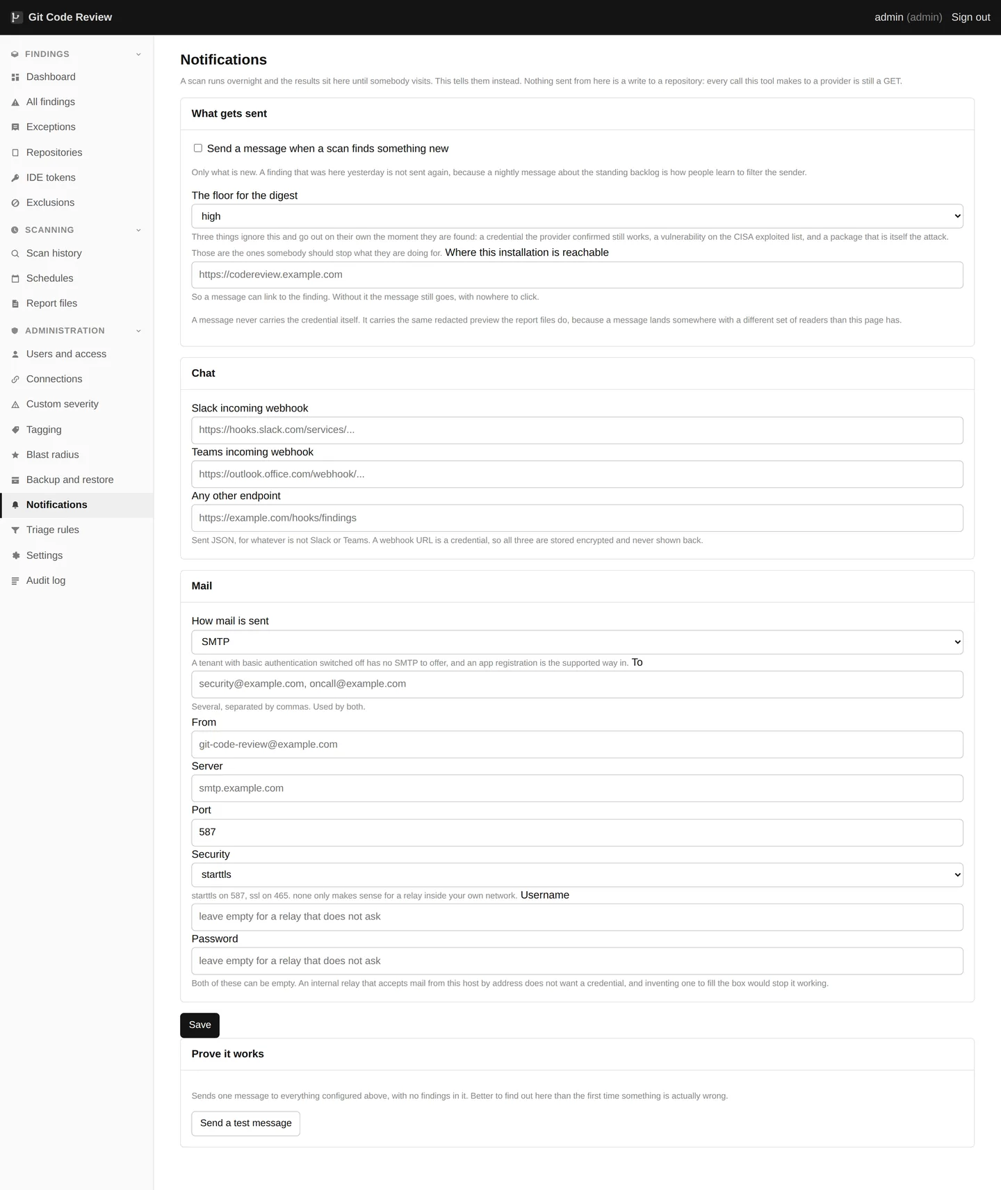 Slack, Teams, mail and a webhook. Routed by severity, on findings that are new rather than on the standing backlog. Mail goes by SMTP, with or without a password, or through Microsoft Graph for tenants with basic authentication switched off.