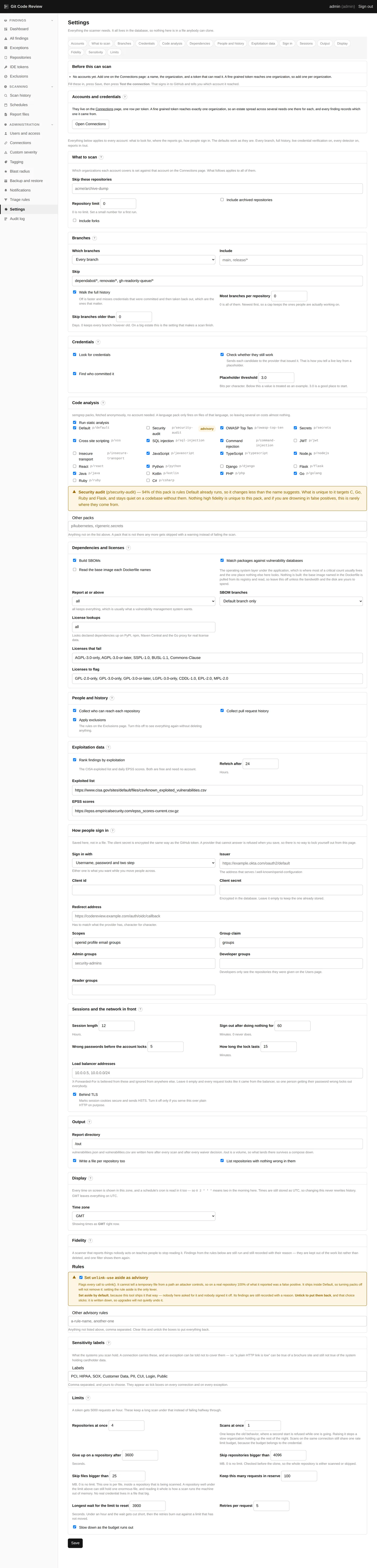 Settings. Engines, thresholds, schedules, retention and the scanner's own tuning. Secrets are encrypted in the database and a settings change is audited by name, never by value.