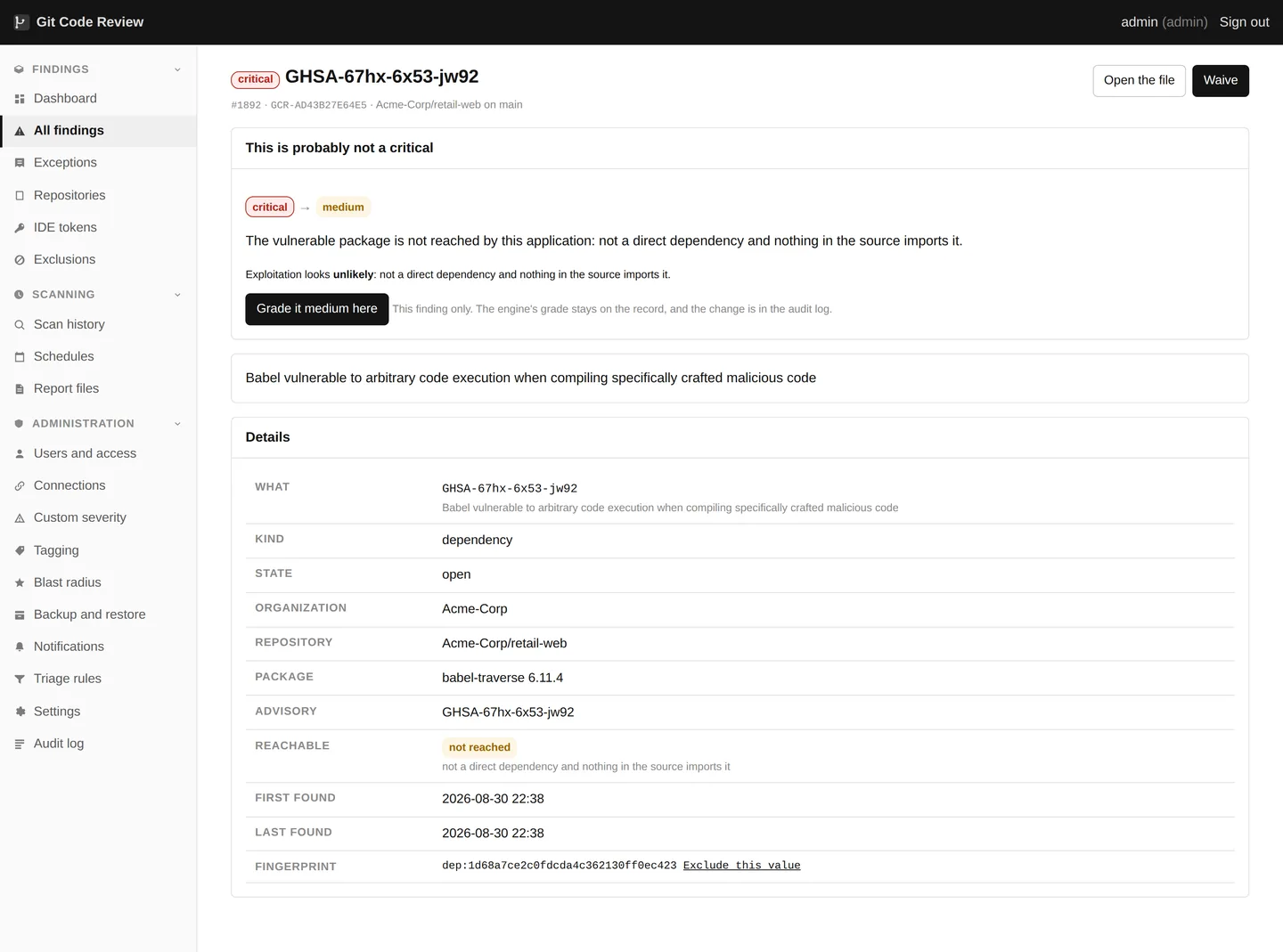 A dependency the application never calls. The recommended grade sits beside the engine's own, with the reasoning that produced it. Nothing changes until somebody accepts it, and that lands in the audit log with their name on it.
