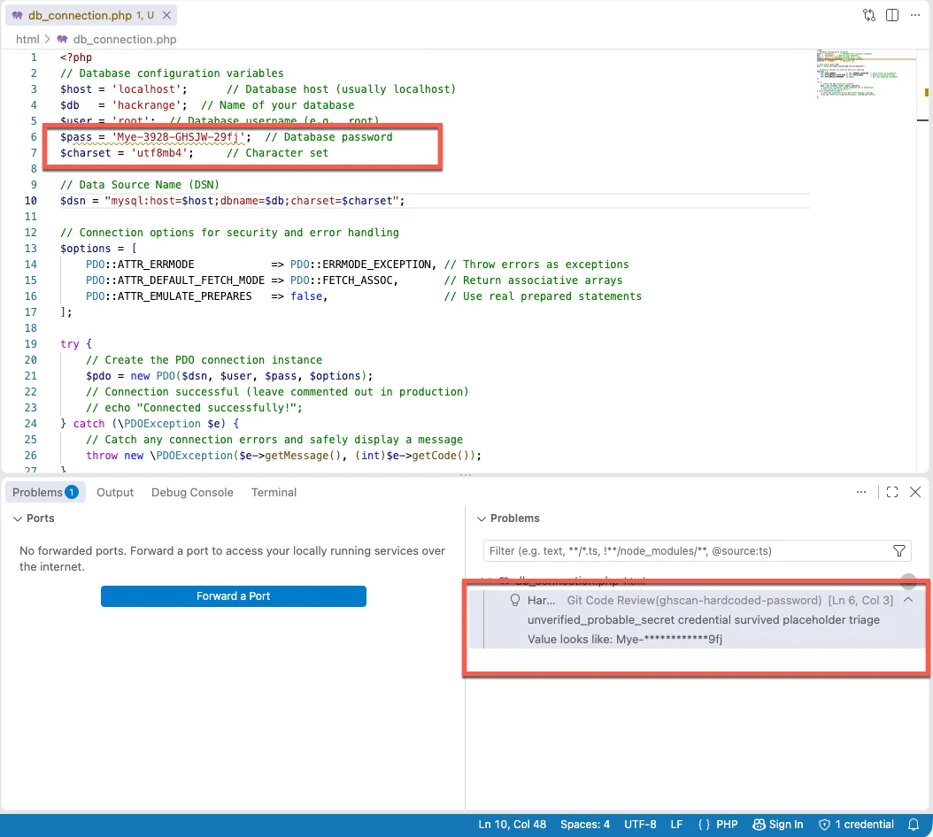 Visual Studio Code with a hardcoded database password on line six
                      underlined, and the Problems panel showing one Git Code Review
                      finding: the rule that caught it, the sentence saying it survived
                      placeholder triage, and the value masked.